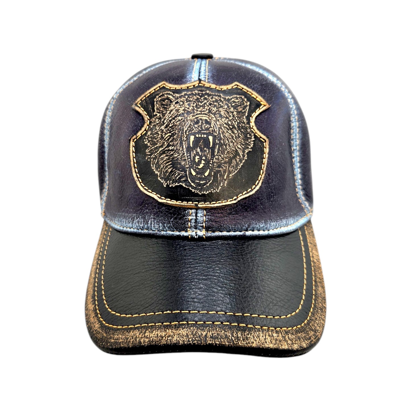 Denim Blue Leather Biker Hunter Hat with Distressed Finish & Grizzly Bear Patch | Apero Bullo