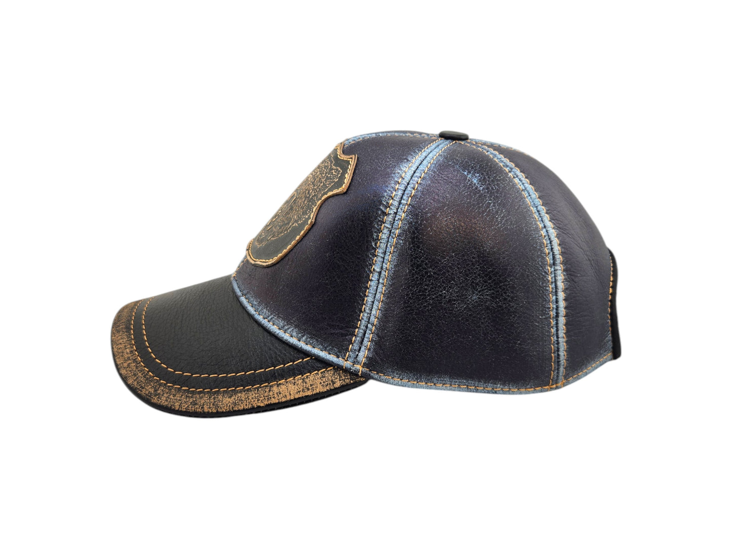 Denim Blue Leather Biker Hunter Hat with Distressed Finish & Grizzly Bear Patch | Apero Bullo