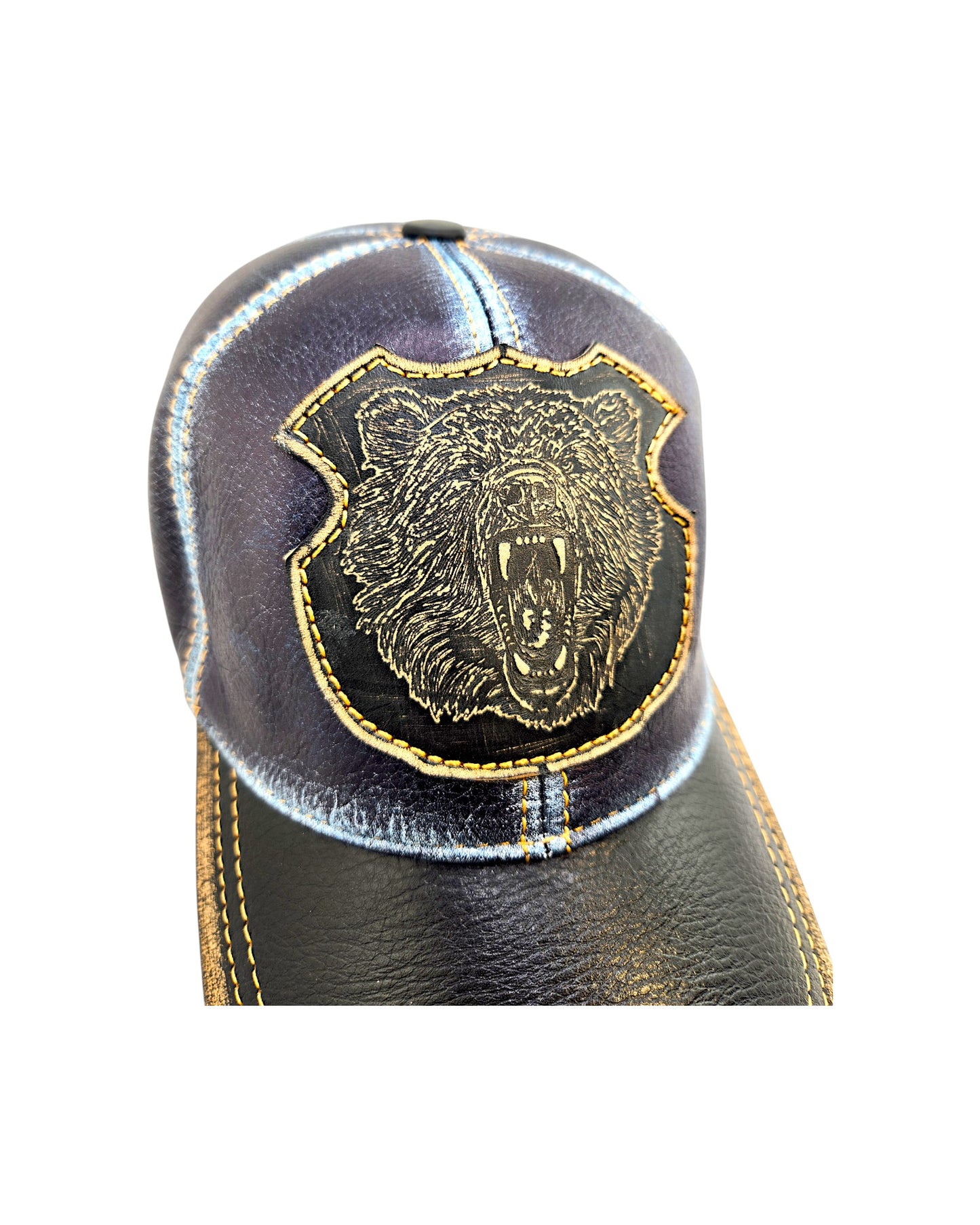 Denim Blue Leather Biker Hunter Hat with Distressed Finish & Grizzly Bear Patch | Apero Bullo