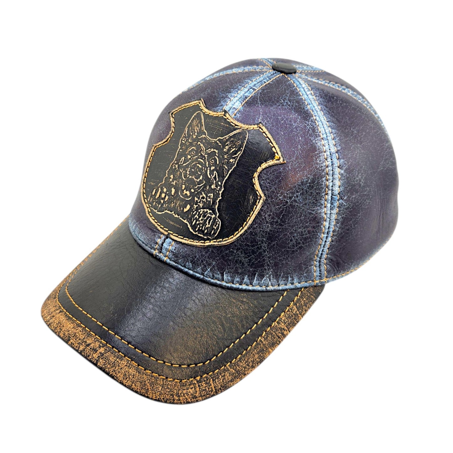 Distressed Leather German Shepherd Baseball Cap – Embossed Shield Patch, Vintage Dog Lover Hat