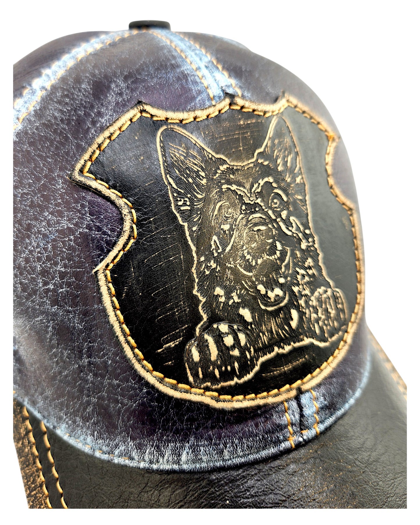 Distressed Leather German Shepherd Baseball Cap – Embossed Shield Patch, Vintage Dog Lover Hat