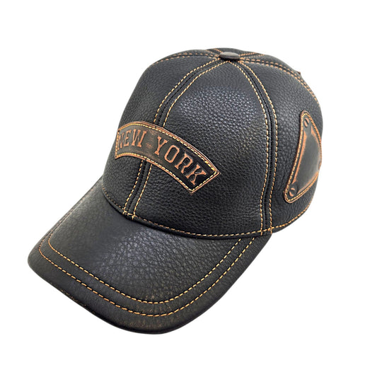 Black leather cap with 'New York' embroidery on a white background