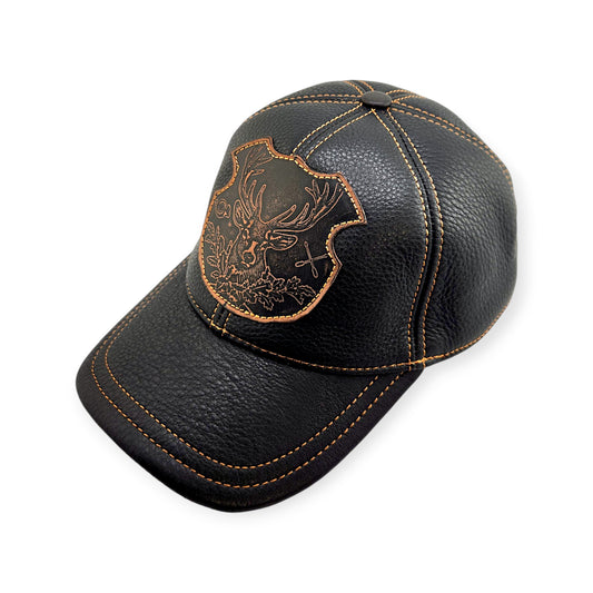 Leather Hunting Cap: Handmade Black Hunter Hat with Deer Emblem, Vintage Leather Outdoor Cap for Men | Apero Bullo