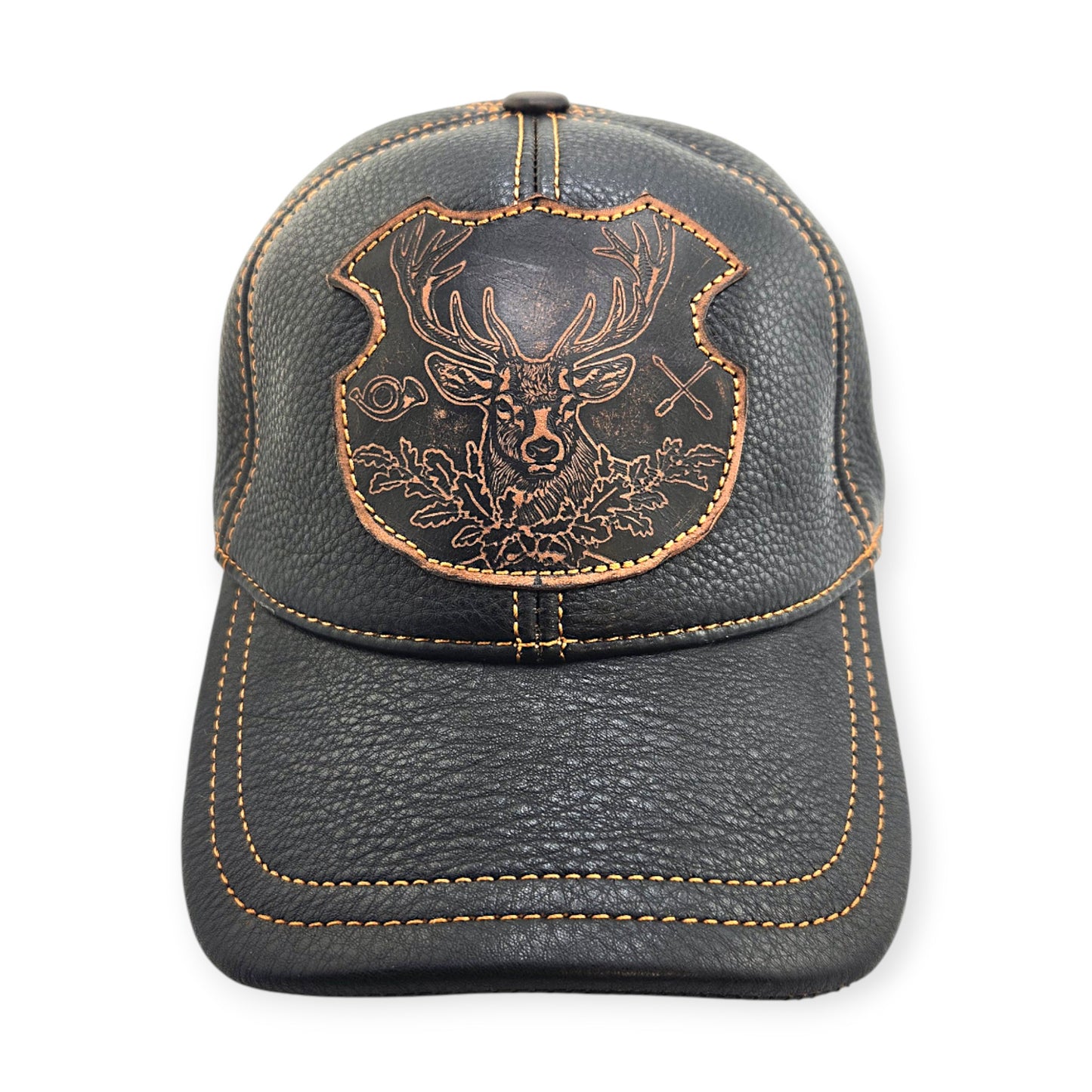 Leather Hunting Cap: Handmade Black Hunter Hat with Deer Emblem, Vintage Leather Outdoor Cap for Men | Apero Bullo
