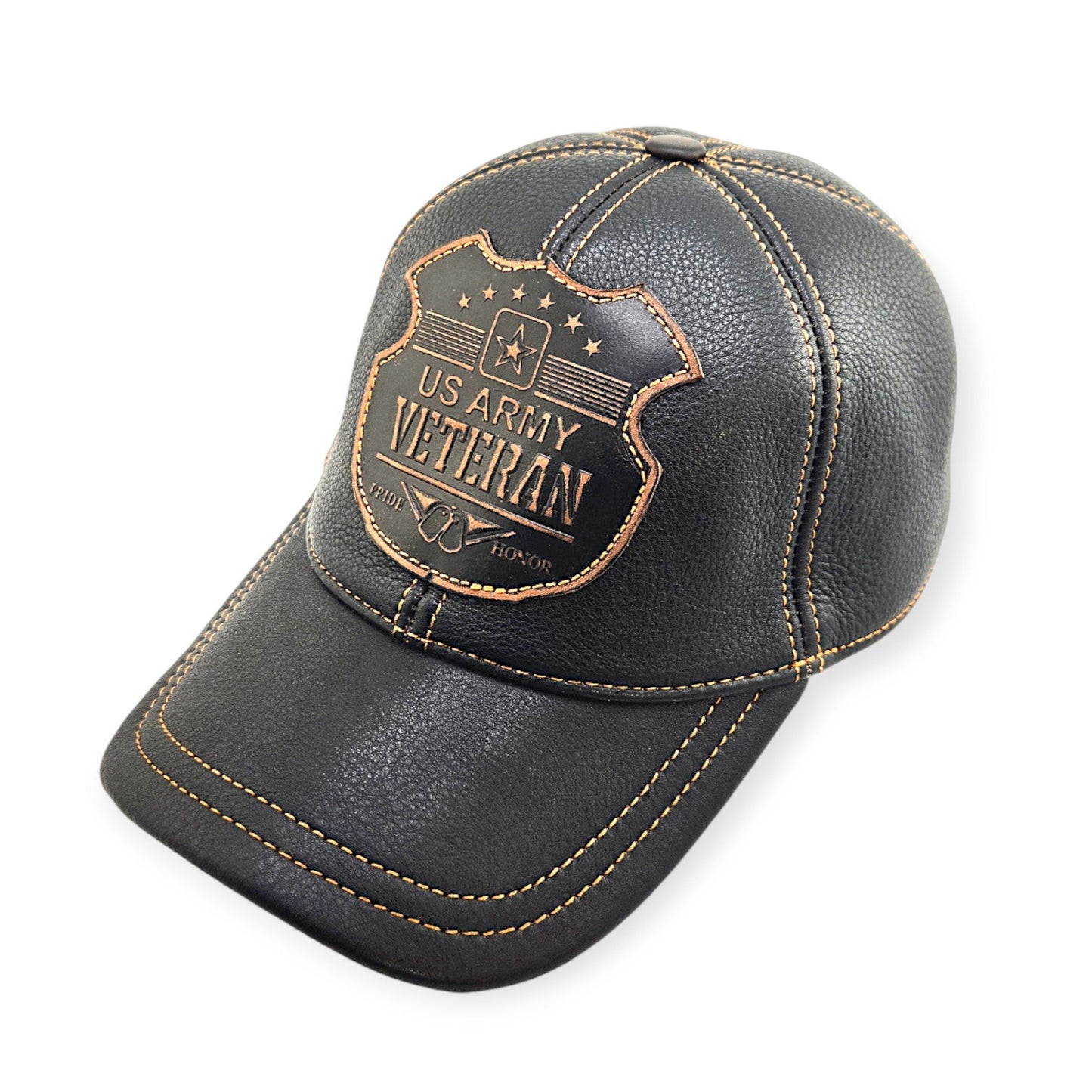 Black leather cap with 'US Army Veteran' emblem on a white background