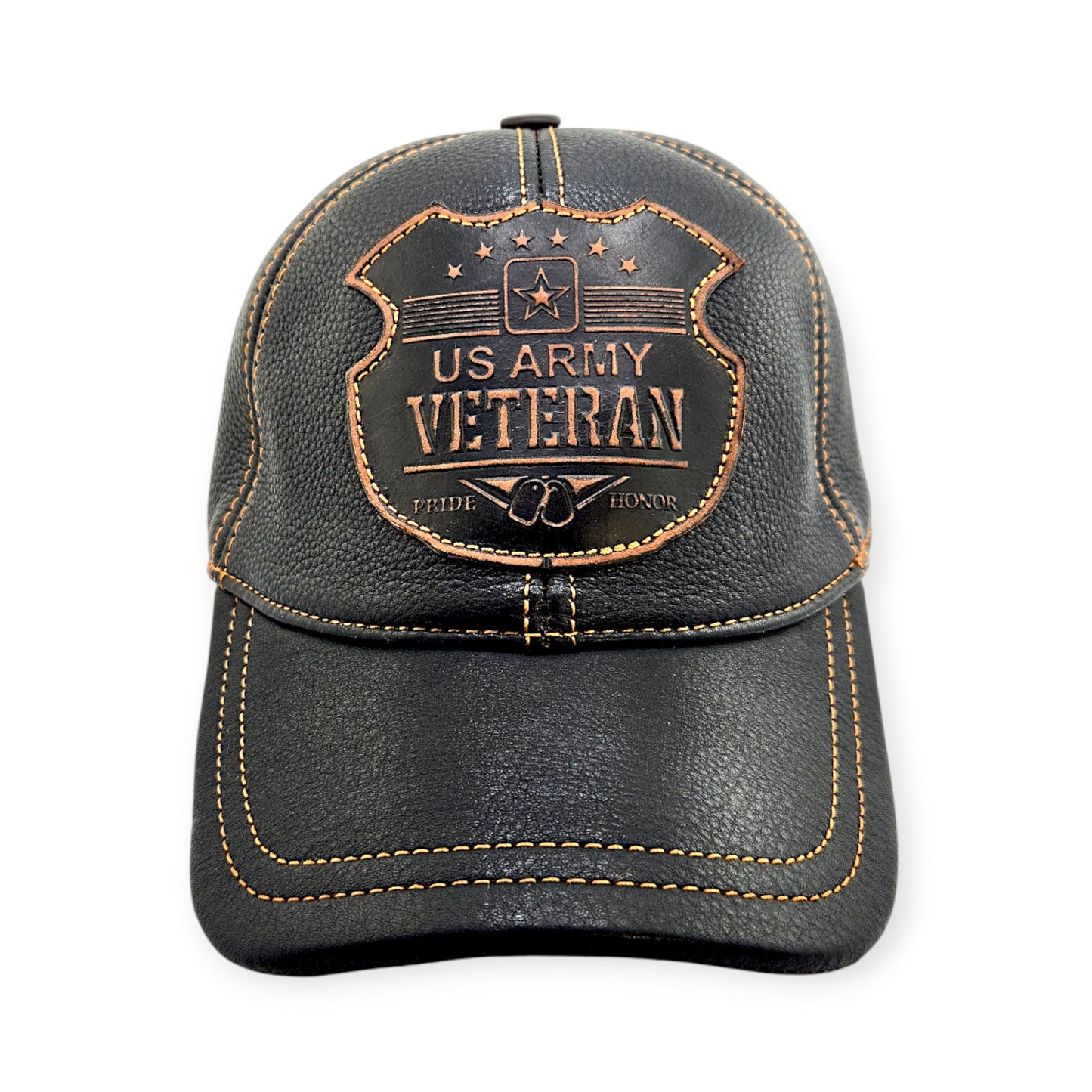 Leather Biker Hat: Handmade Black Motorcycle Cap with US Army Veteran Shield Patch, Distressed Leather Baseball Hat for Men | Apero Bullo