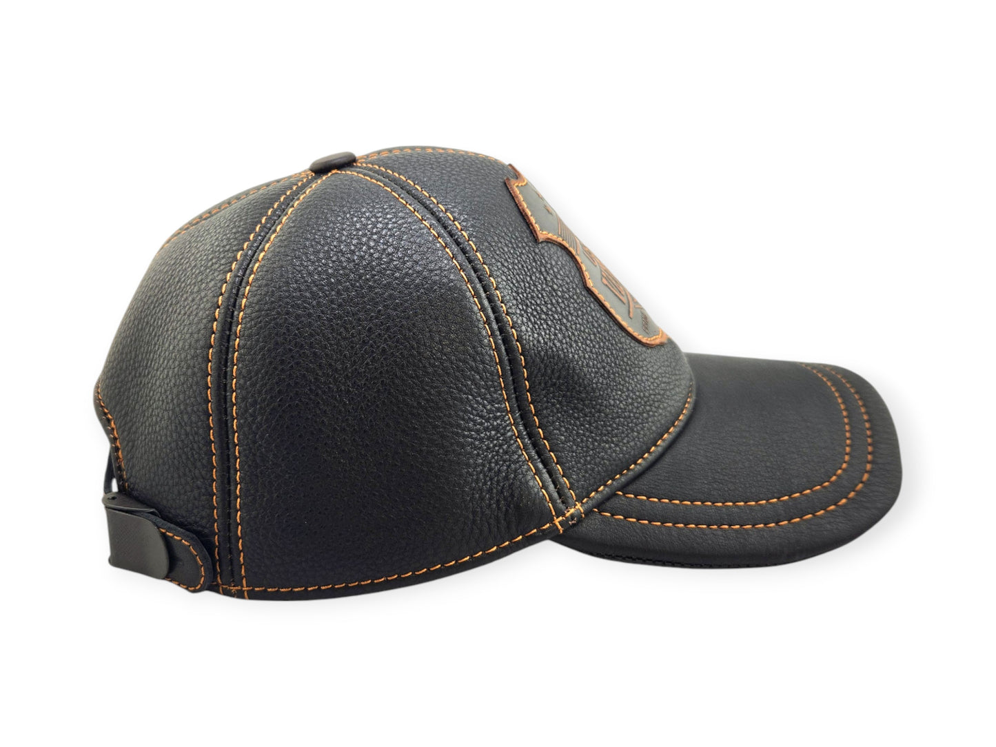 Leather Biker Hat: Handmade Black Motorcycle Cap with US Army Veteran Shield Patch, Distressed Leather Baseball Hat for Men | Apero Bullo