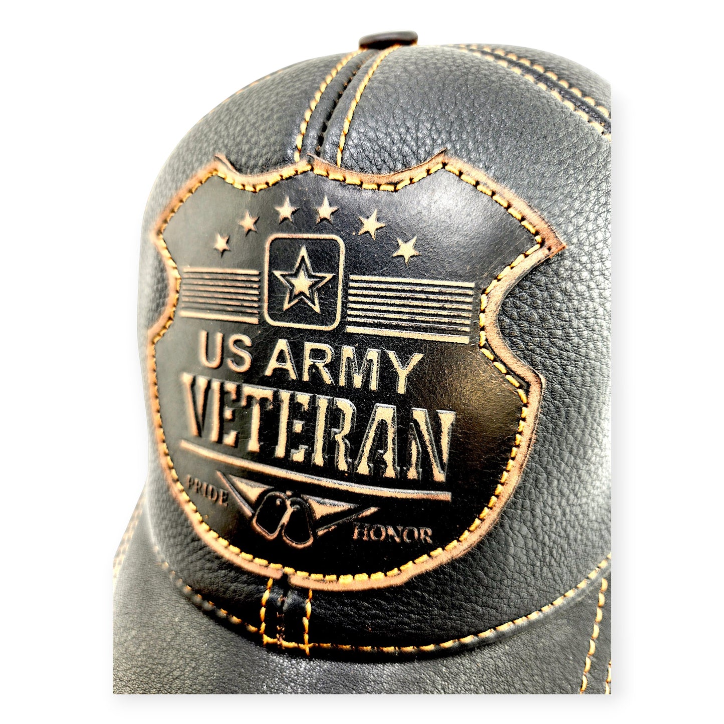 Leather Biker Hat: Handmade Black Motorcycle Cap with US Army Veteran Shield Patch, Distressed Leather Baseball Hat for Men | Apero Bullo