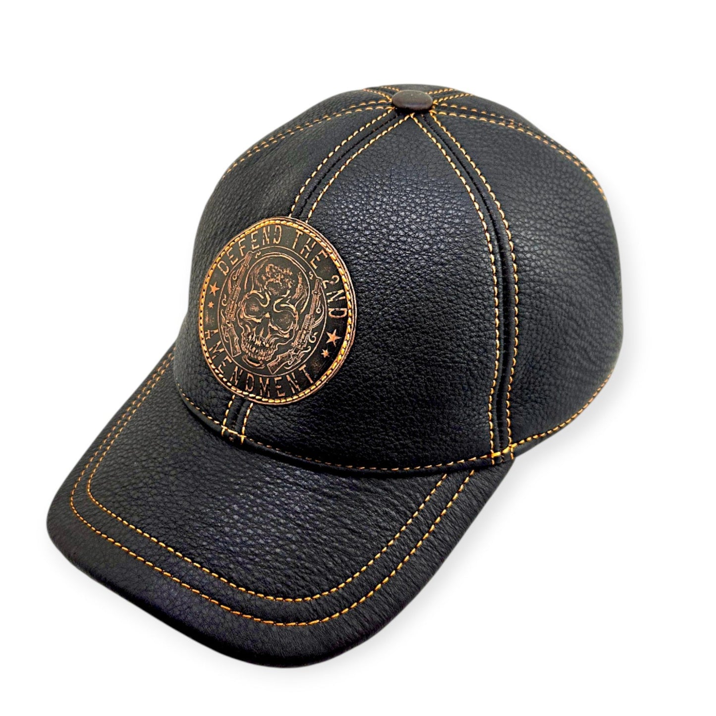 Black leather cap with gold stitching and emblem on a white background