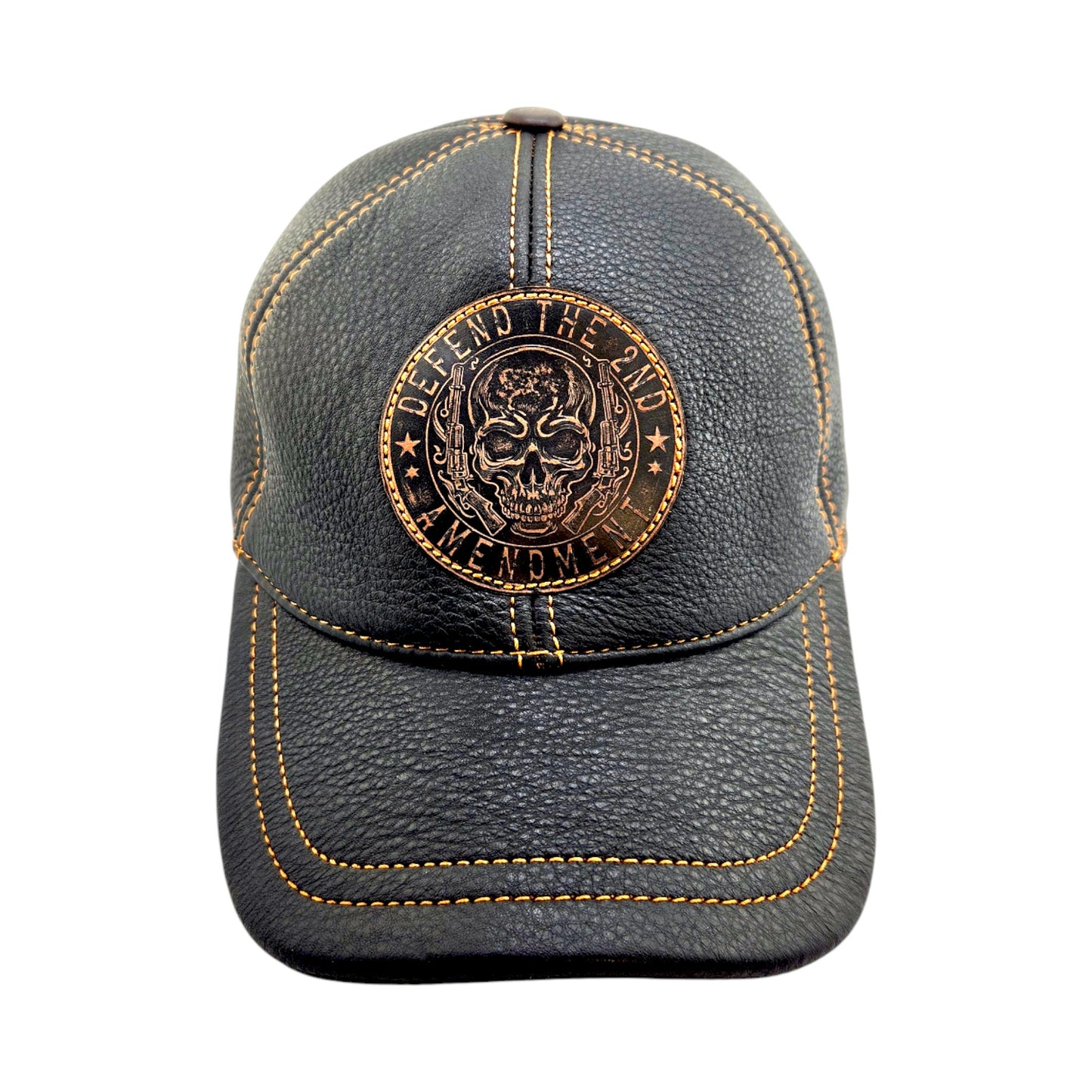 Leather Biker Hat: Handmade Black Motorcycle Cap with Skull “Defend the 2nd Amendment” Patch and Lost Souls Back | Apero Bullo