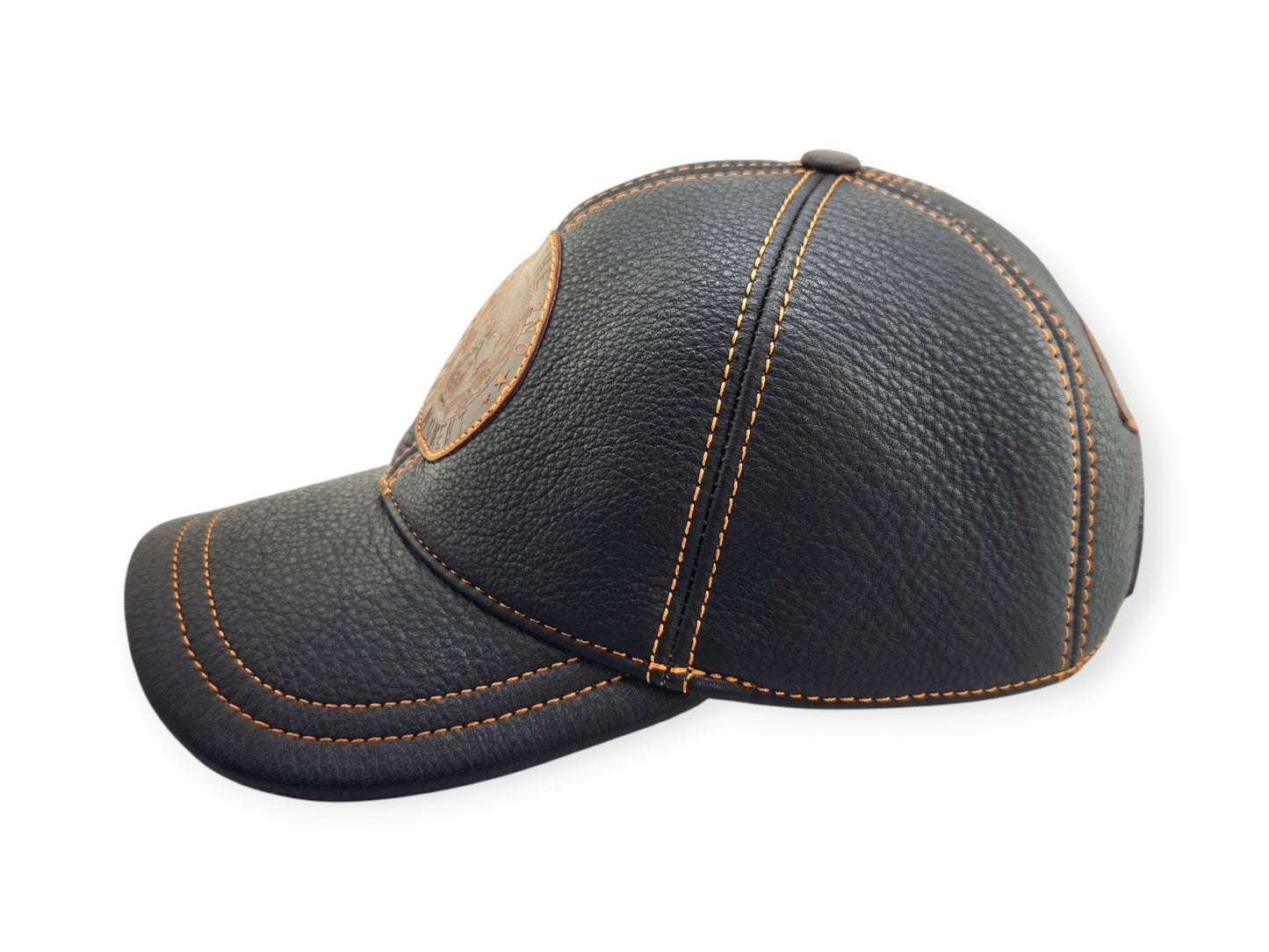 Leather Biker Hat: Handmade Black Motorcycle Cap with Skull “Defend the 2nd Amendment” Patch and Lost Souls Back | Apero Bullo