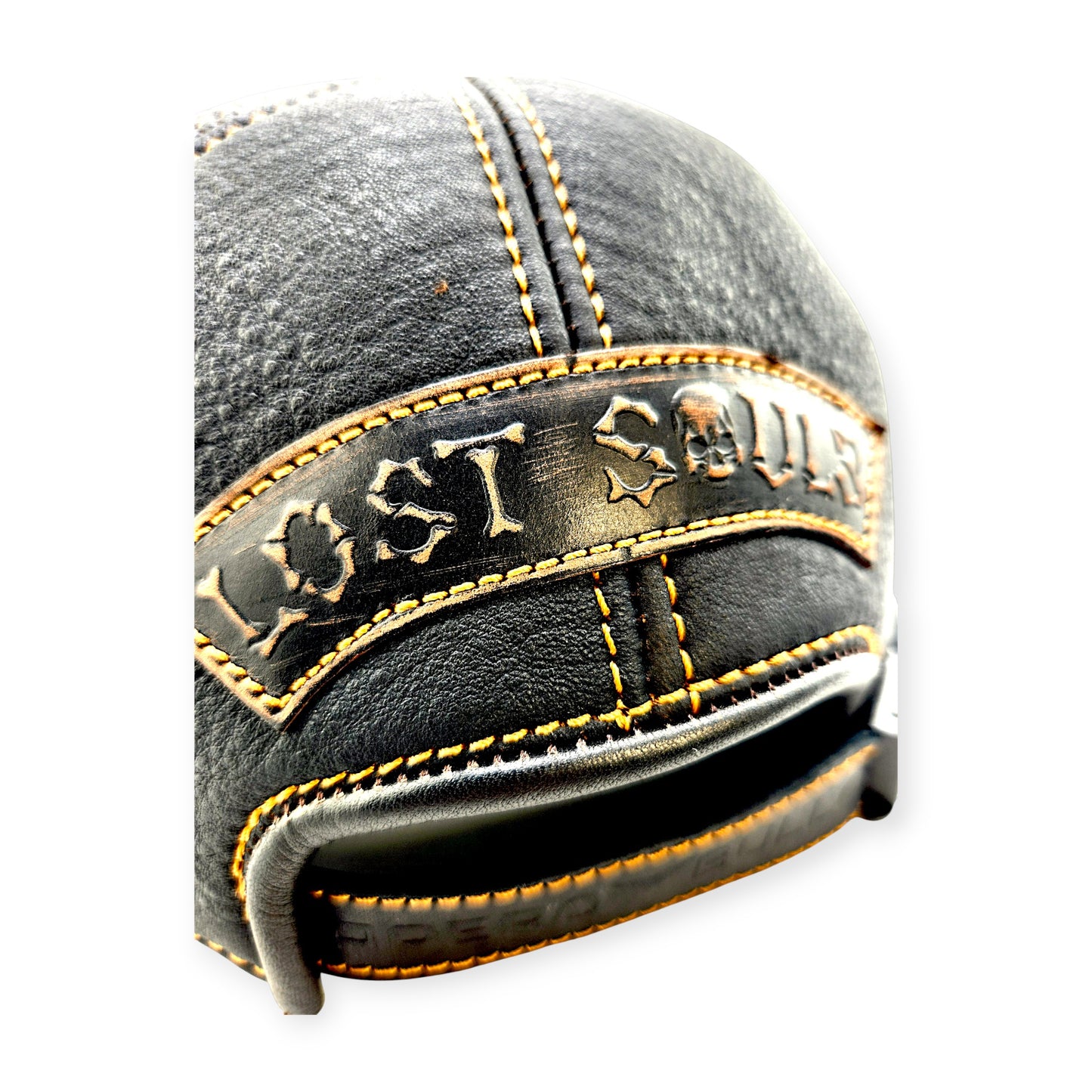 Leather Biker Hat: Handmade Black Motorcycle Cap with Skull “Defend the 2nd Amendment” Patch and Lost Souls Back | Apero Bullo