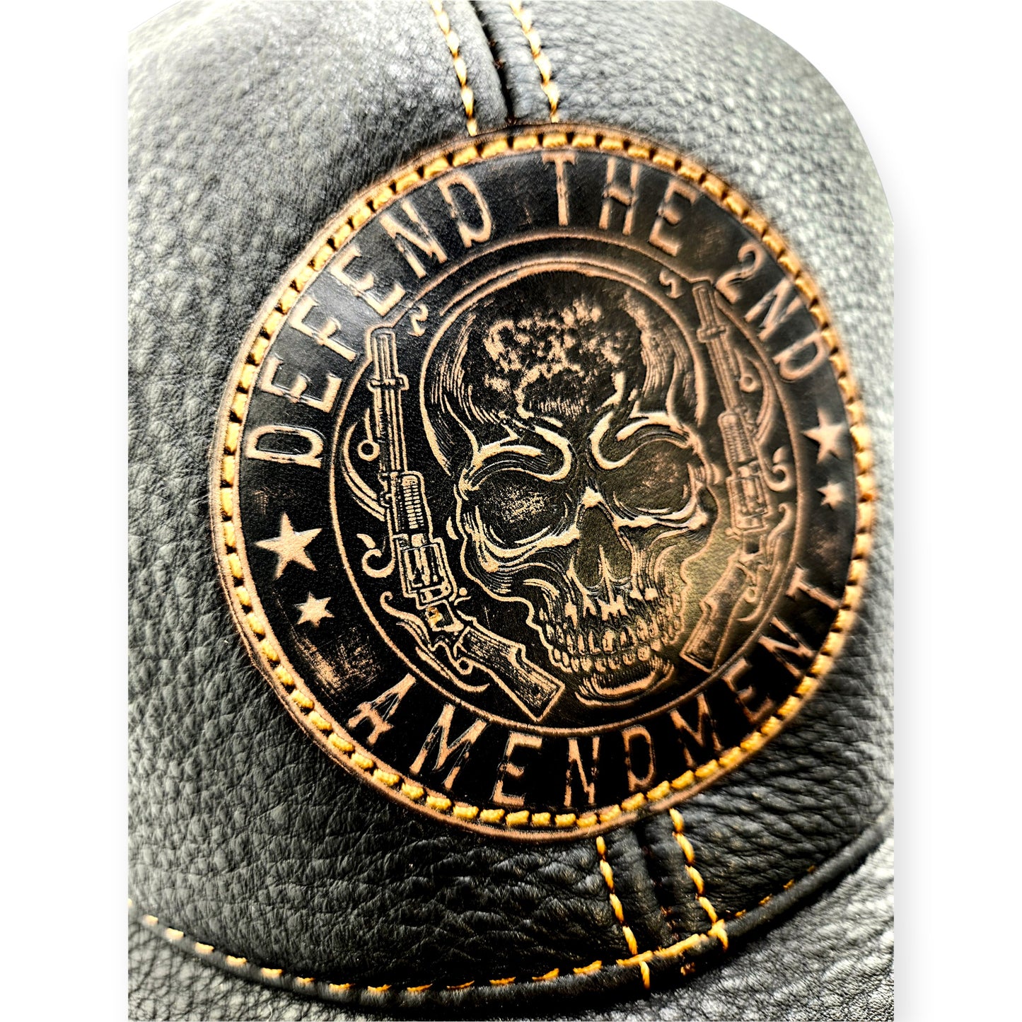 Leather Biker Hat: Handmade Black Motorcycle Cap with Skull “Defend the 2nd Amendment” Patch and Lost Souls Back | Apero Bullo