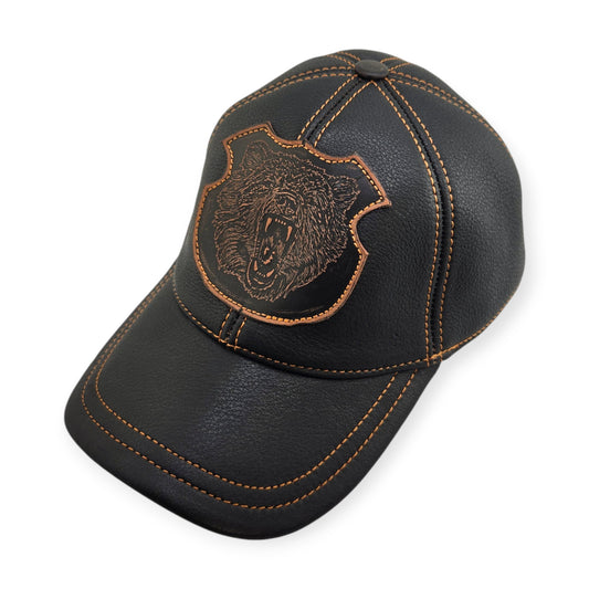 Leather Hat: Handmade Black Biker & Hunting Cap with Grizzly Bear Patch, Vintage Style for Men | Apero Bullo