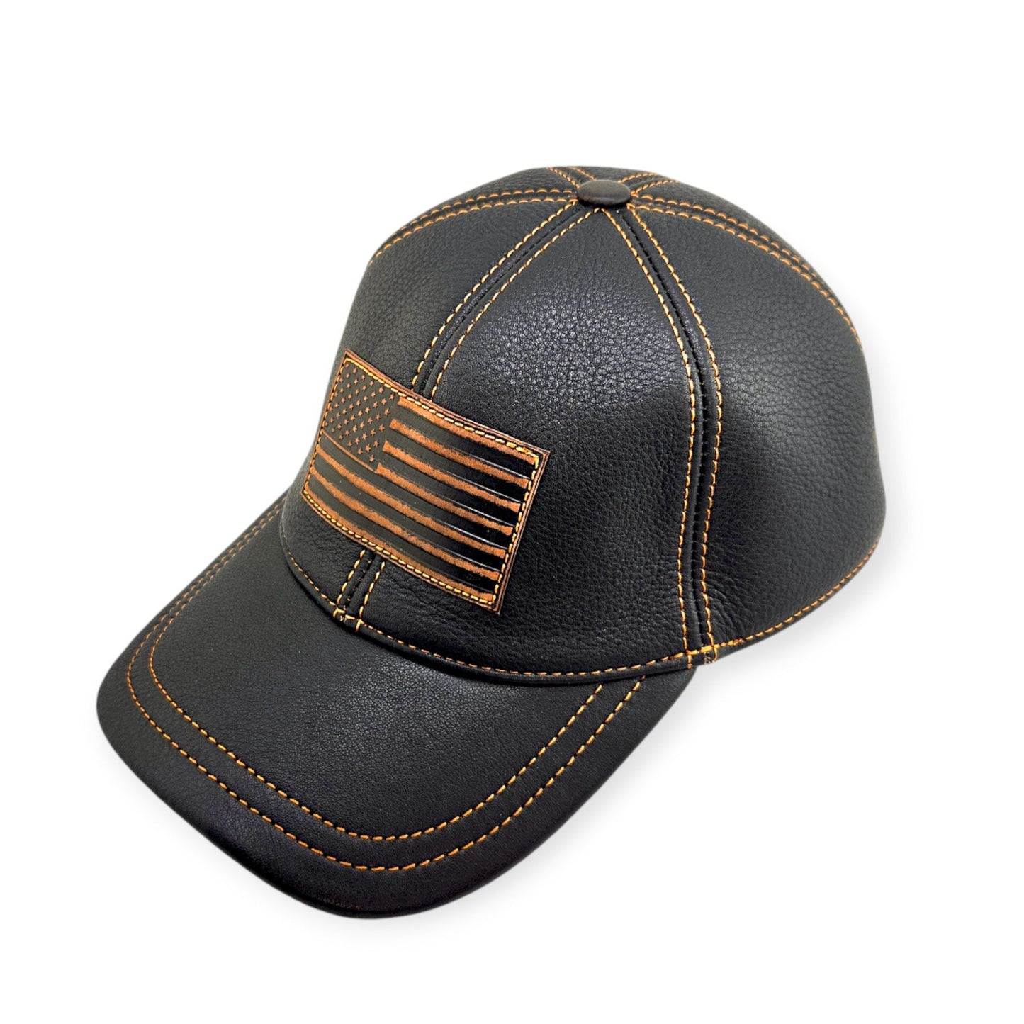 Black leather cap with brown stitching and American flag patch on a white background