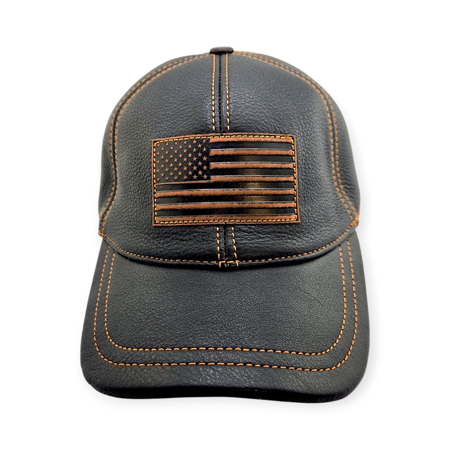Leather American Flag Cap: Handmade Black Patriotic Hat with USA Emblem, Vintage Leather Biker Cap for Men | Apero Bullo