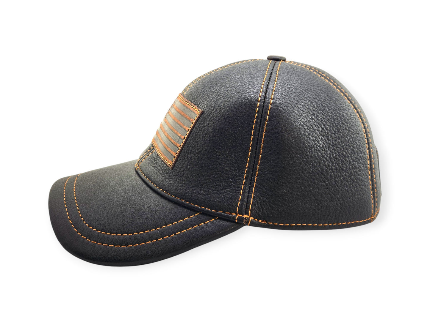 Leather American Flag Cap: Handmade Black Patriotic Hat with USA Emblem, Vintage Leather Biker Cap for Men | Apero Bullo