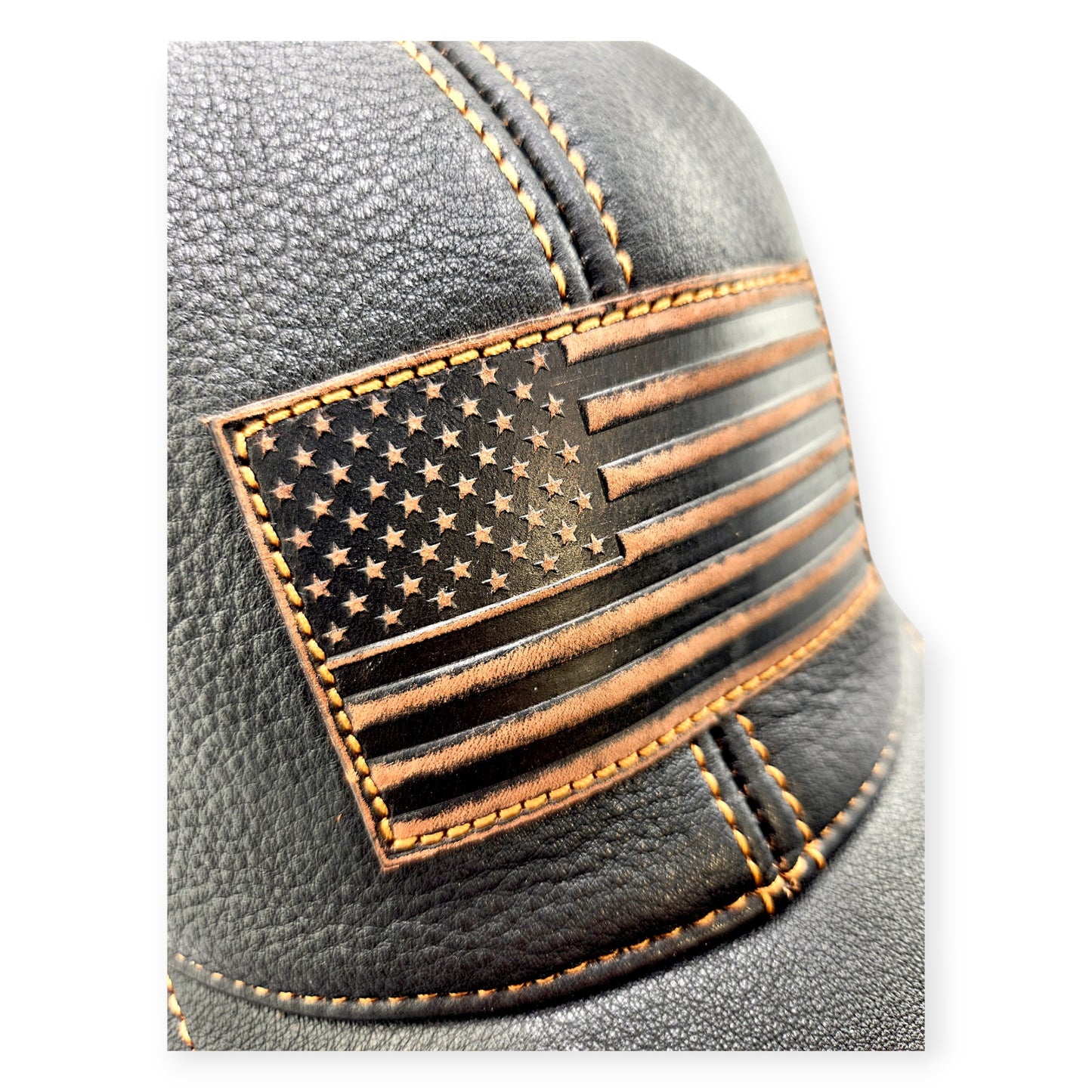 Leather American Flag Cap: Handmade Black Patriotic Hat with USA Emblem, Vintage Leather Biker Cap for Men | Apero Bullo