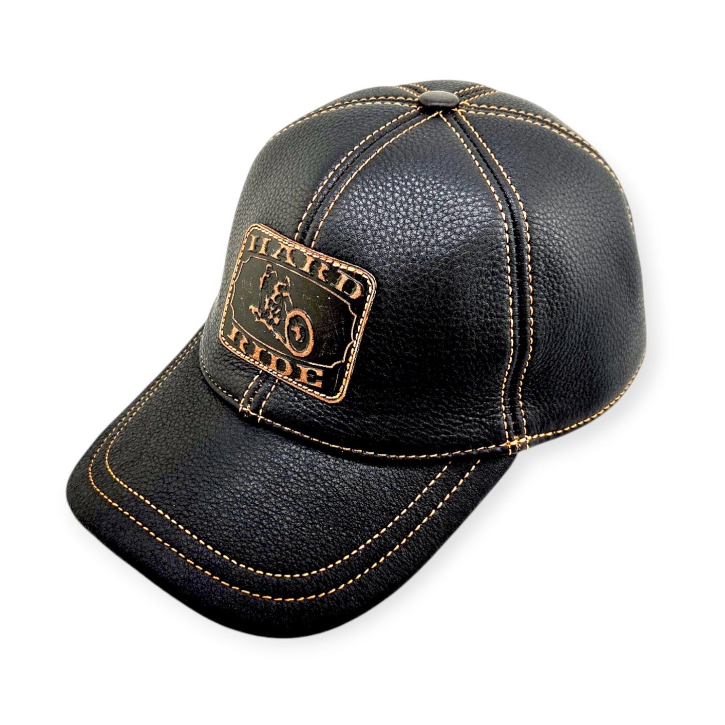 Leather Biker Hat: Handmade Black Motorcycle Cap with Hard Ride Patch and King of the Road Back | Apero Bullo