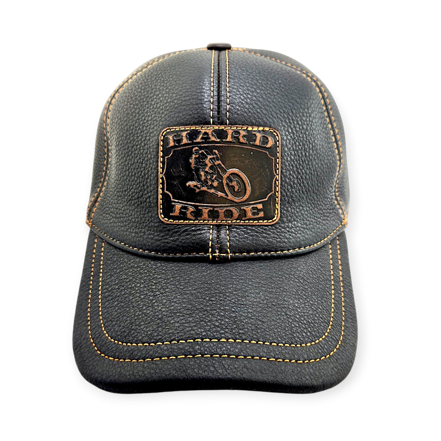 Leather Biker Hat: Handmade Black Motorcycle Cap with Hard Ride Patch and King of the Road Back | Apero Bullo