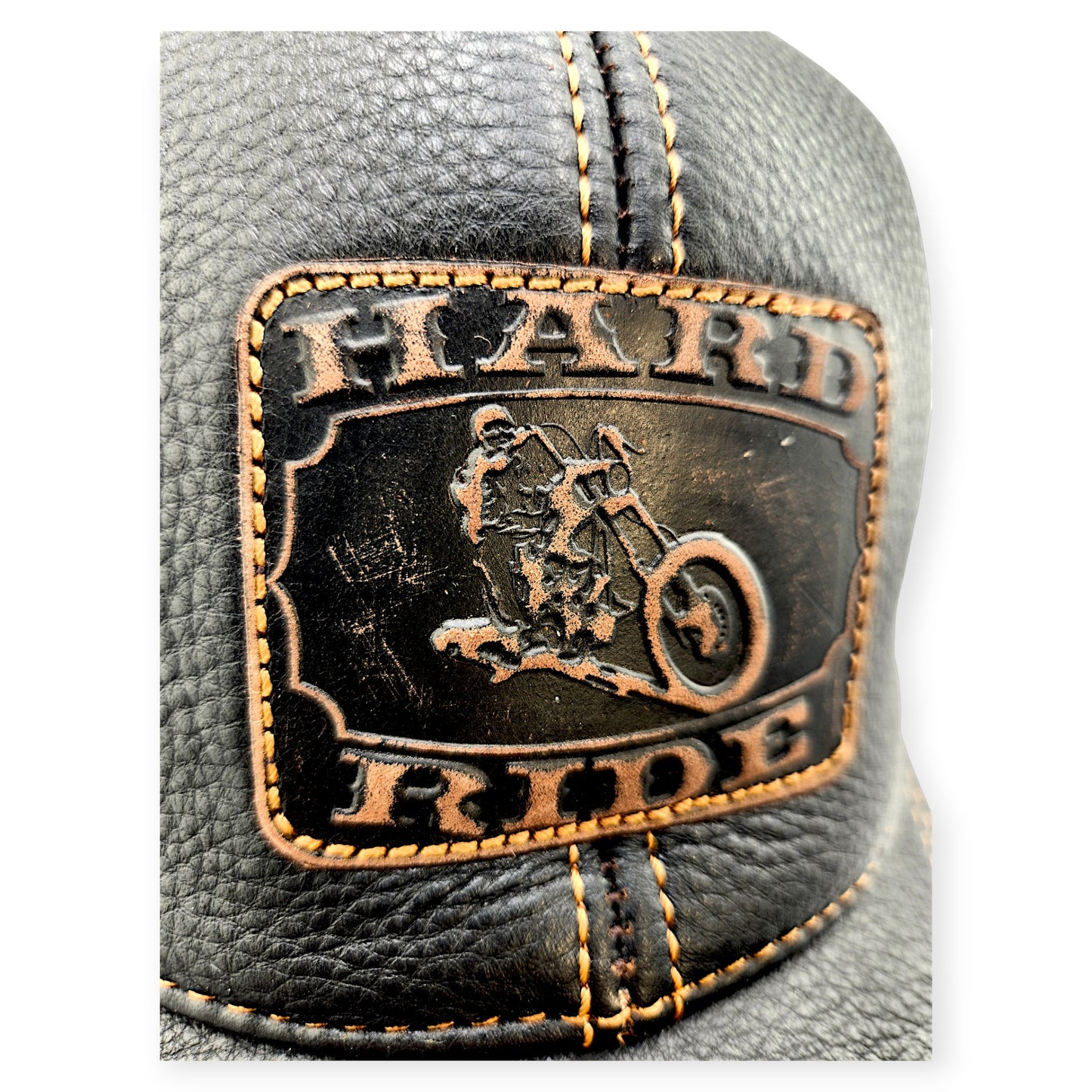 Leather Biker Hat: Handmade Black Motorcycle Cap with Hard Ride Patch and King of the Road Back | Apero Bullo