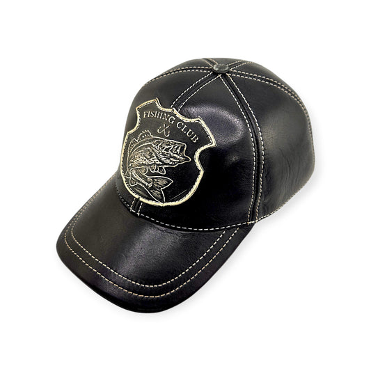 Leather Fishing Cap: Handmade Black Fisherman Hat with Bass Emblem, Leather Outdoor Cap for Men | Apero Bullo