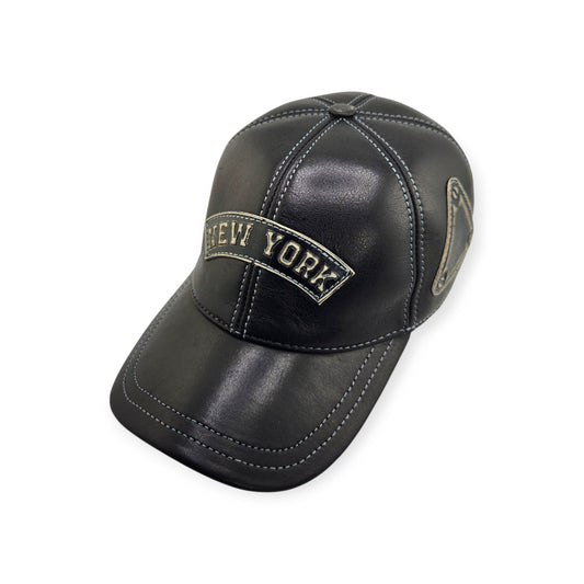 Leather Biker Hat: Handmade Black Motorcycle Cap for Men with “New York” Patch, Retro Military Baseball Style | Apero Bullo