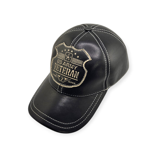 Leather Veteran Hat: Handmade Black Cap for Men with U.S. Army Badge Patch, Patriotic Military Style Baseball Hat | Apero Bullo