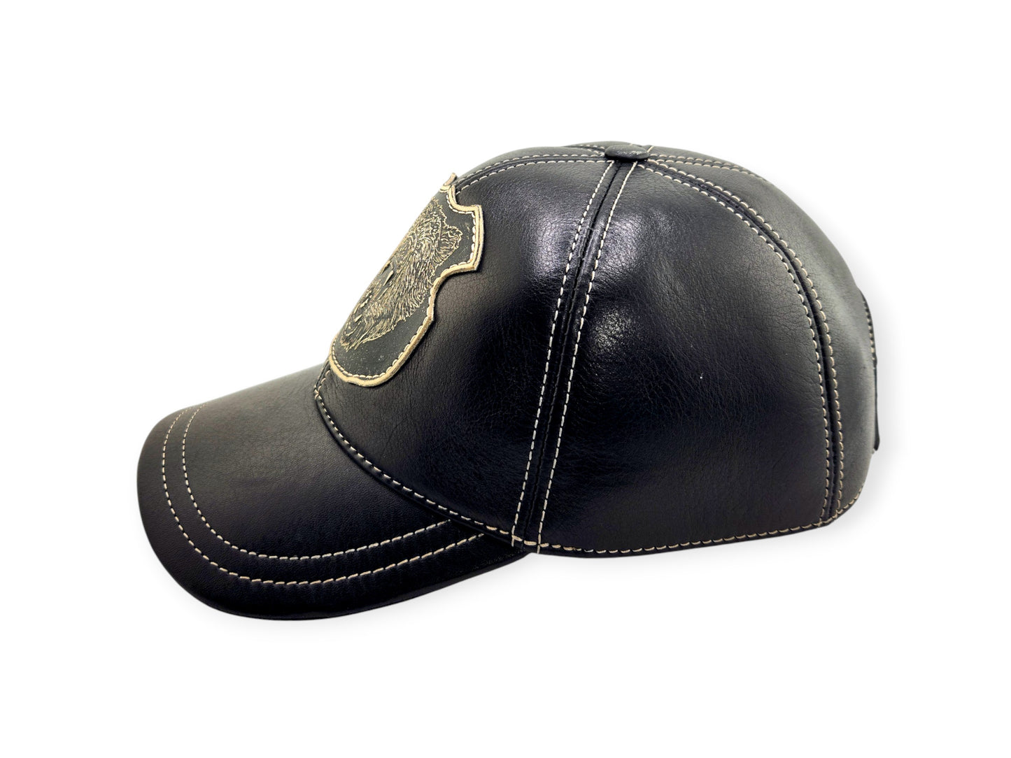 Leather Biker Hat: Handmade Black Hunting Cap for Men with Roaring Grizzly Bear Patch, Military Baseball Style | Apero Bullo