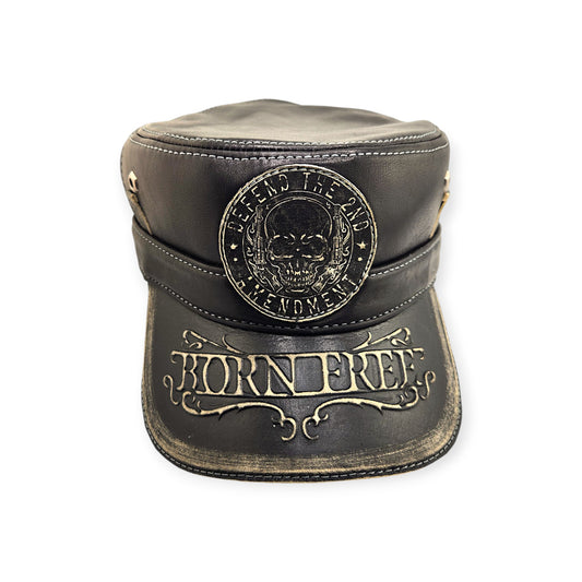 Leather Biker Hat: Handmade Black Motorcycle Cap with Skull Patch, Born Free Brim Engraving, 2nd Amendment Design | Apero Bullo