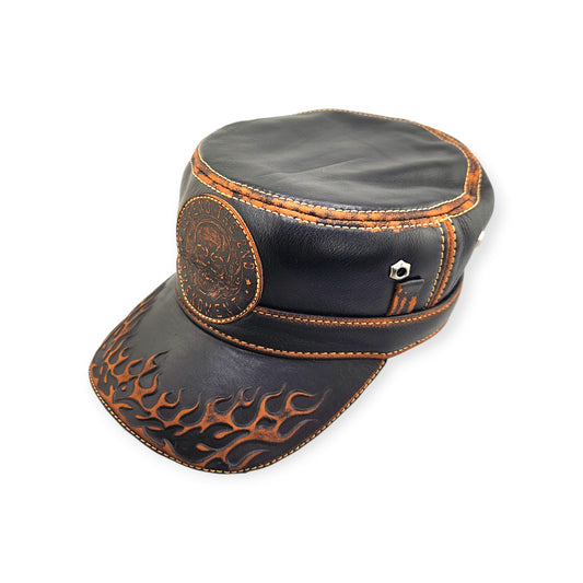 Leather Biker Hat – Handmade Black Distressed Military Cap with Skull Patch, Flame Brim & Defend the 2nd Amendment | Apero Bullo