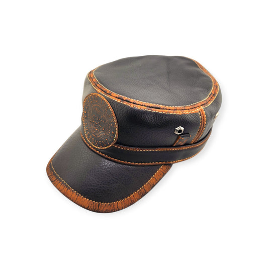 Leather Biker Hat – Handmade Black Distressed Military Cap with Skull Patch, Defend the 2nd Amendment | Apero Bullo