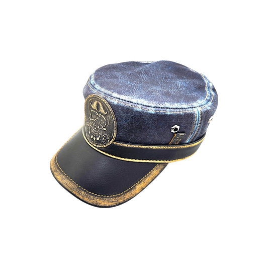 Leather Biker Hat – Handmade Distressed Military Cap with Skull Patch | Apero Bullo