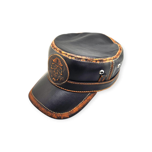 Leather Biker Hat – Handmade Black Distressed Military Cap with Skull & Rose Patch | Apero Bullo