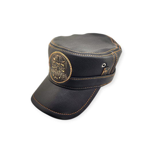 Leather Biker Hat: Handmade Black Motorcycle Cap with Embossed Skull Patch, Military Style, Italian Cow Leather | Apero Bullo
