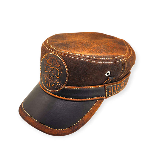 Leather Biker Hat: Handmade Distressed Brown Motorcycle Cap with Skull & Lost Souls Patch for Men | Apero Bullo