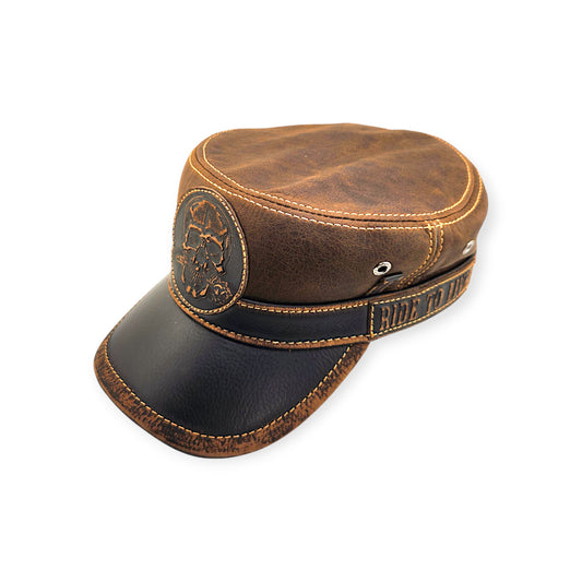 Leather Biker Hat – Handmade Brown Distressed Military Cap with Skull Patch & Ride to Live Strap | Apero Bullo