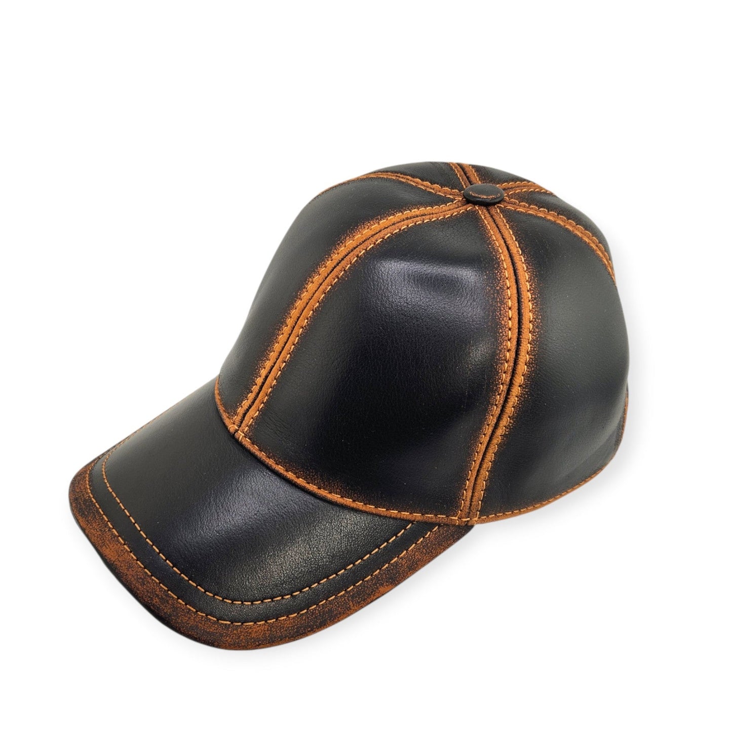 Leather Baseball Cap: Handmade Black & Brown Distressed Motorcycle Hat for Men with Vintage Stitching, Adjustable Strap | Apero Bullo