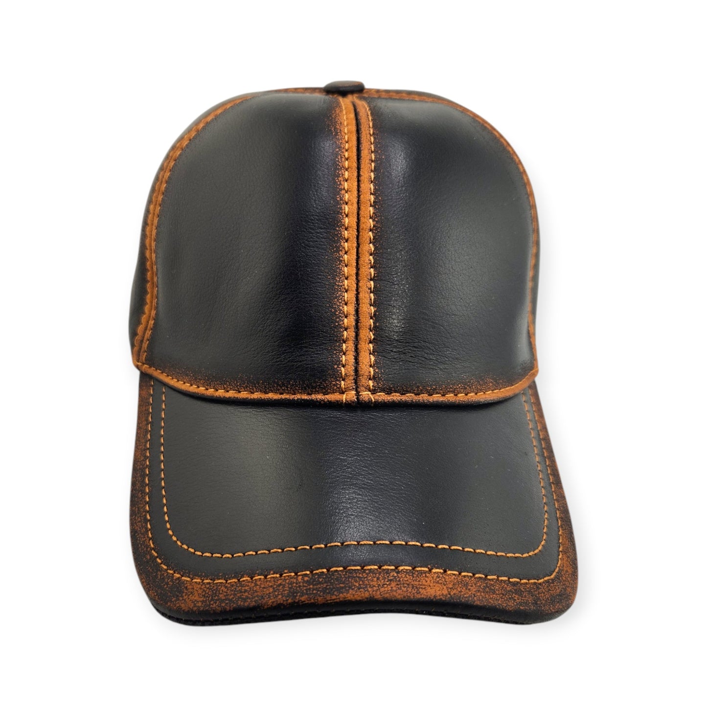 Leather Baseball Cap: Handmade Black & Brown Distressed Motorcycle Hat for Men with Vintage Stitching, Adjustable Strap | Apero Bullo