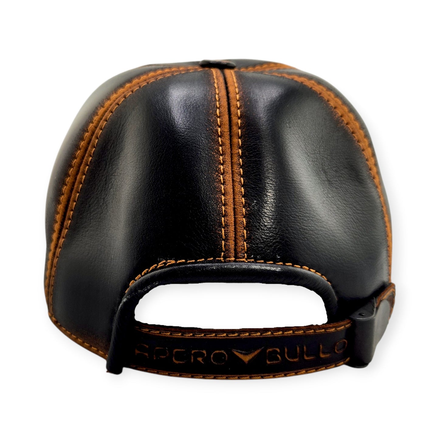 Leather Baseball Cap: Handmade Black & Brown Distressed Motorcycle Hat for Men with Vintage Stitching, Adjustable Strap | Apero Bullo