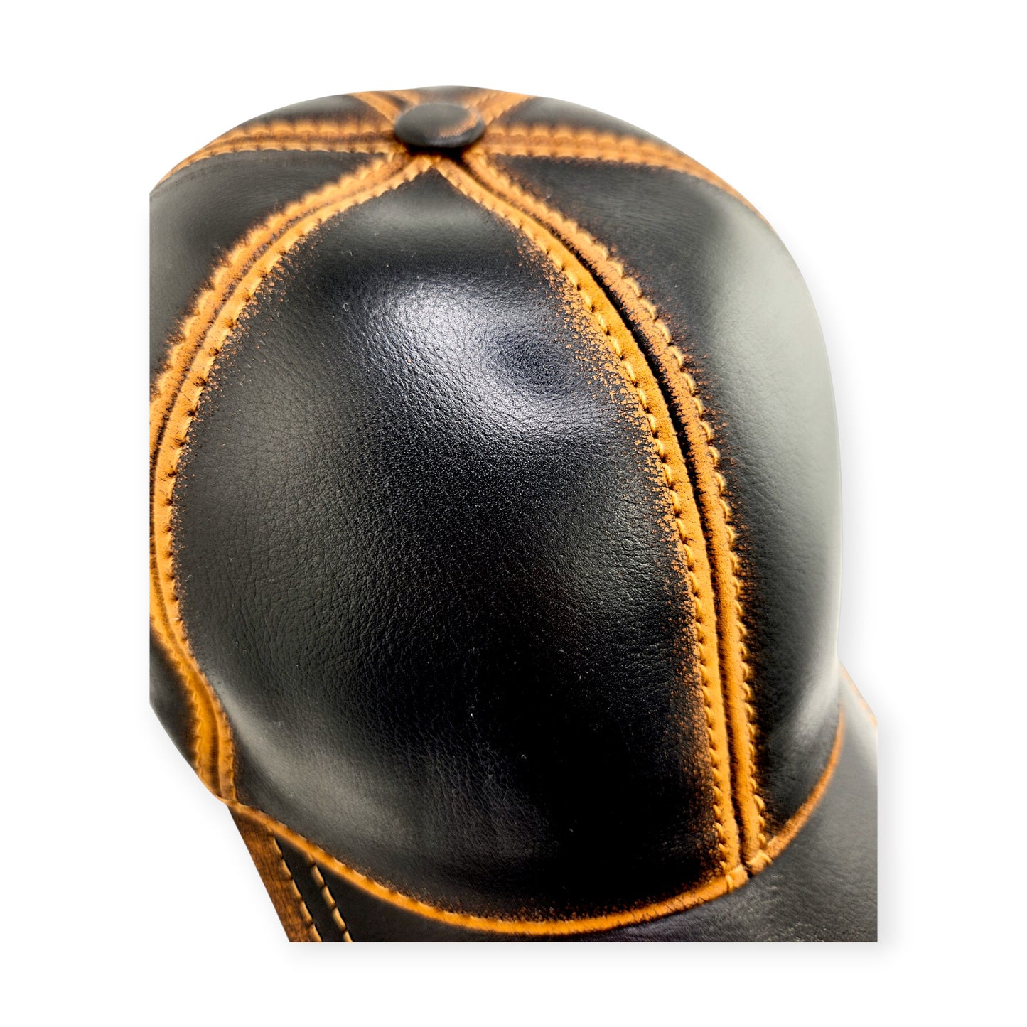 Leather Baseball Cap: Handmade Black & Brown Distressed Motorcycle Hat for Men with Vintage Stitching, Adjustable Strap | Apero Bullo