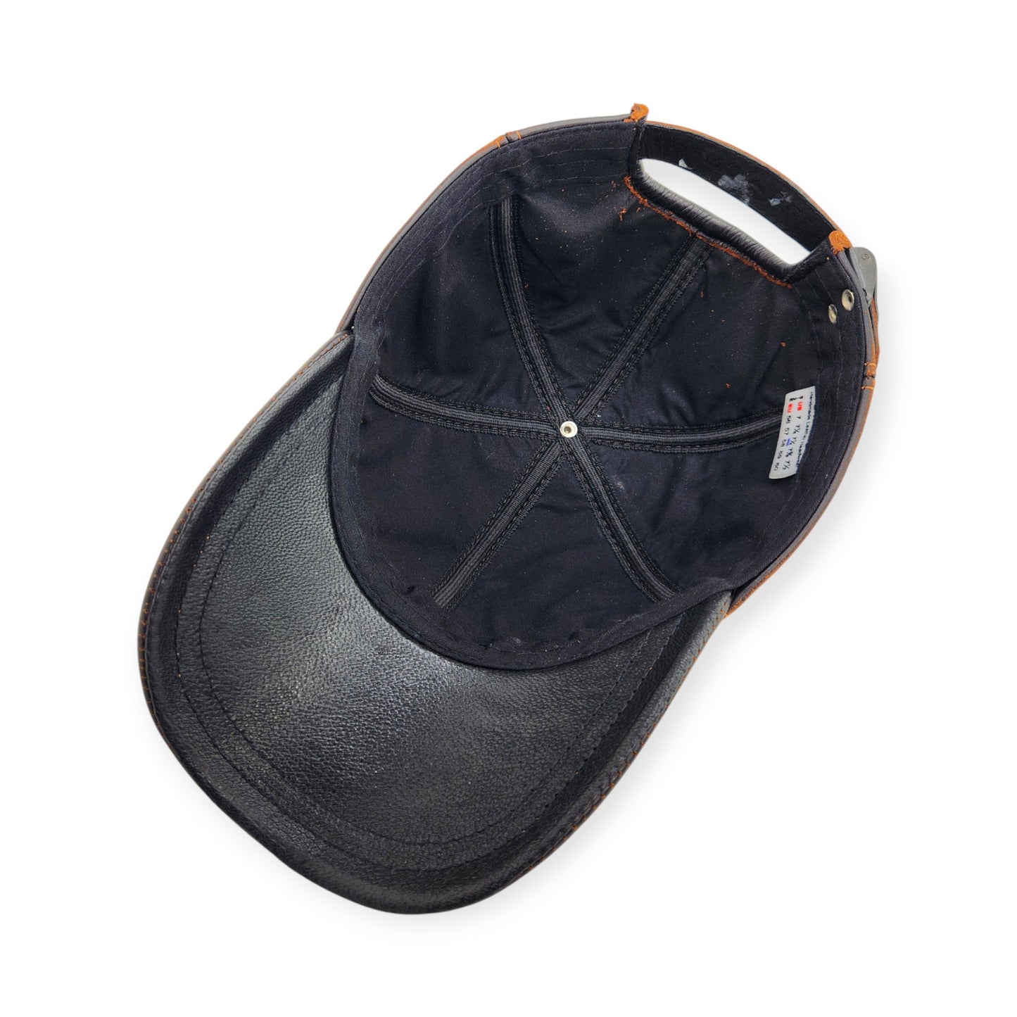 Leather Baseball Cap: Handmade Black & Brown Distressed Motorcycle Hat for Men with Vintage Stitching, Adjustable Strap | Apero Bullo