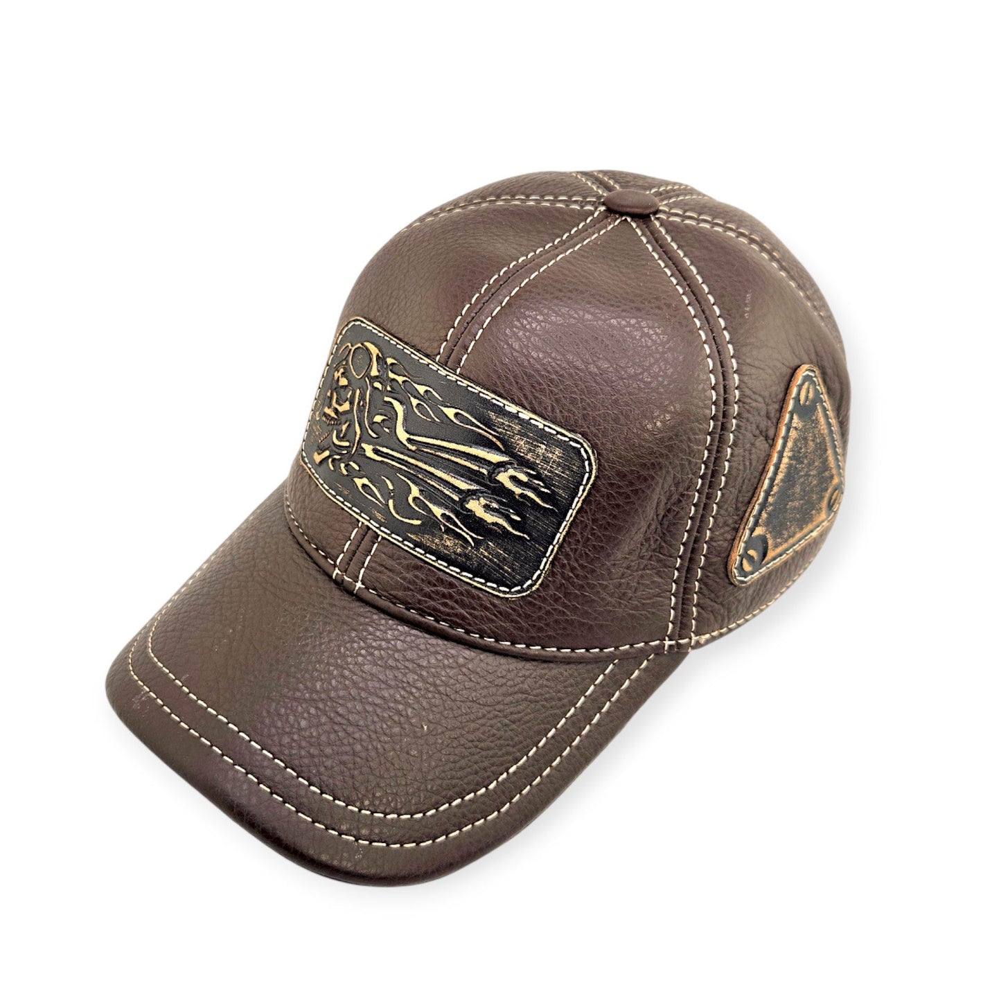 Leather Biker Hat: Handmade Brown Motorcycle Cap for Men with Flaming Skull Patch, Distressed Vintage Design | Apero Bullo