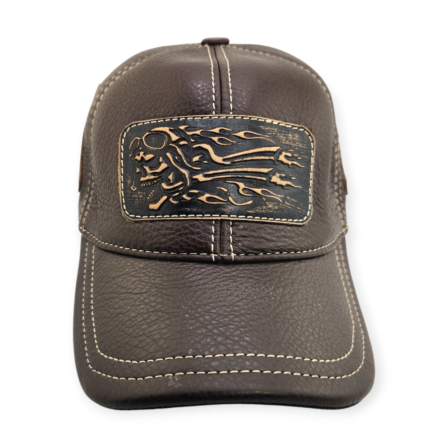 Leather Biker Hat: Handmade Brown Motorcycle Cap for Men with Flaming Skull Patch, Distressed Vintage Design | Apero Bullo