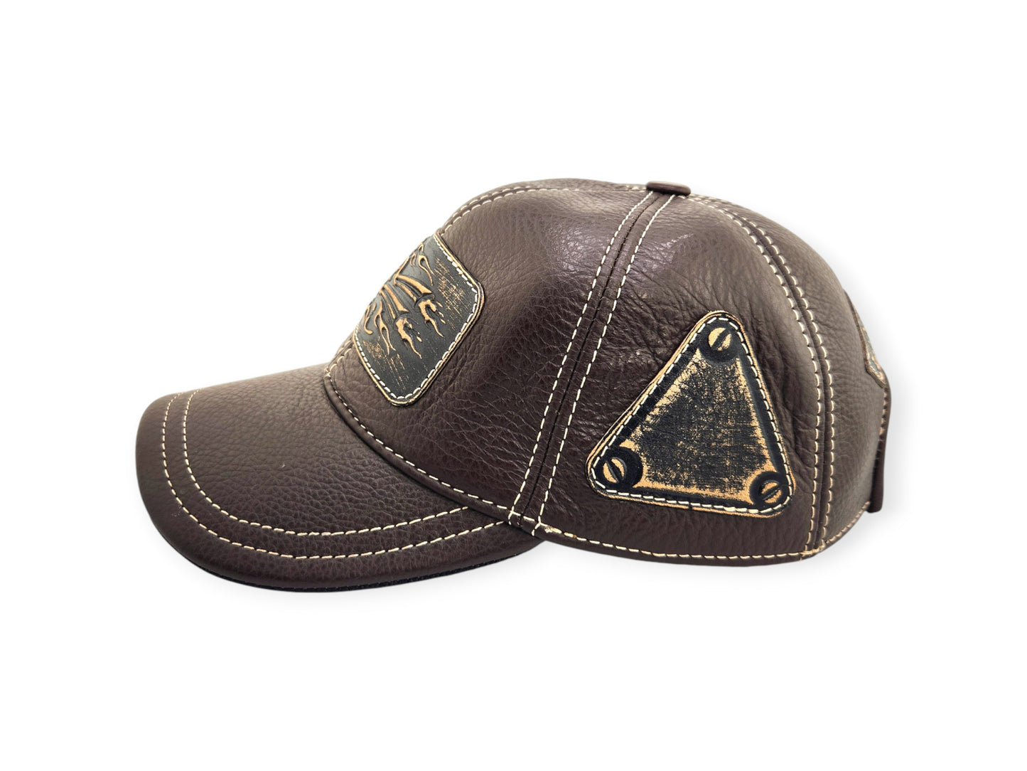 Leather Biker Hat: Handmade Brown Motorcycle Cap for Men with Flaming Skull Patch, Distressed Vintage Design | Apero Bullo