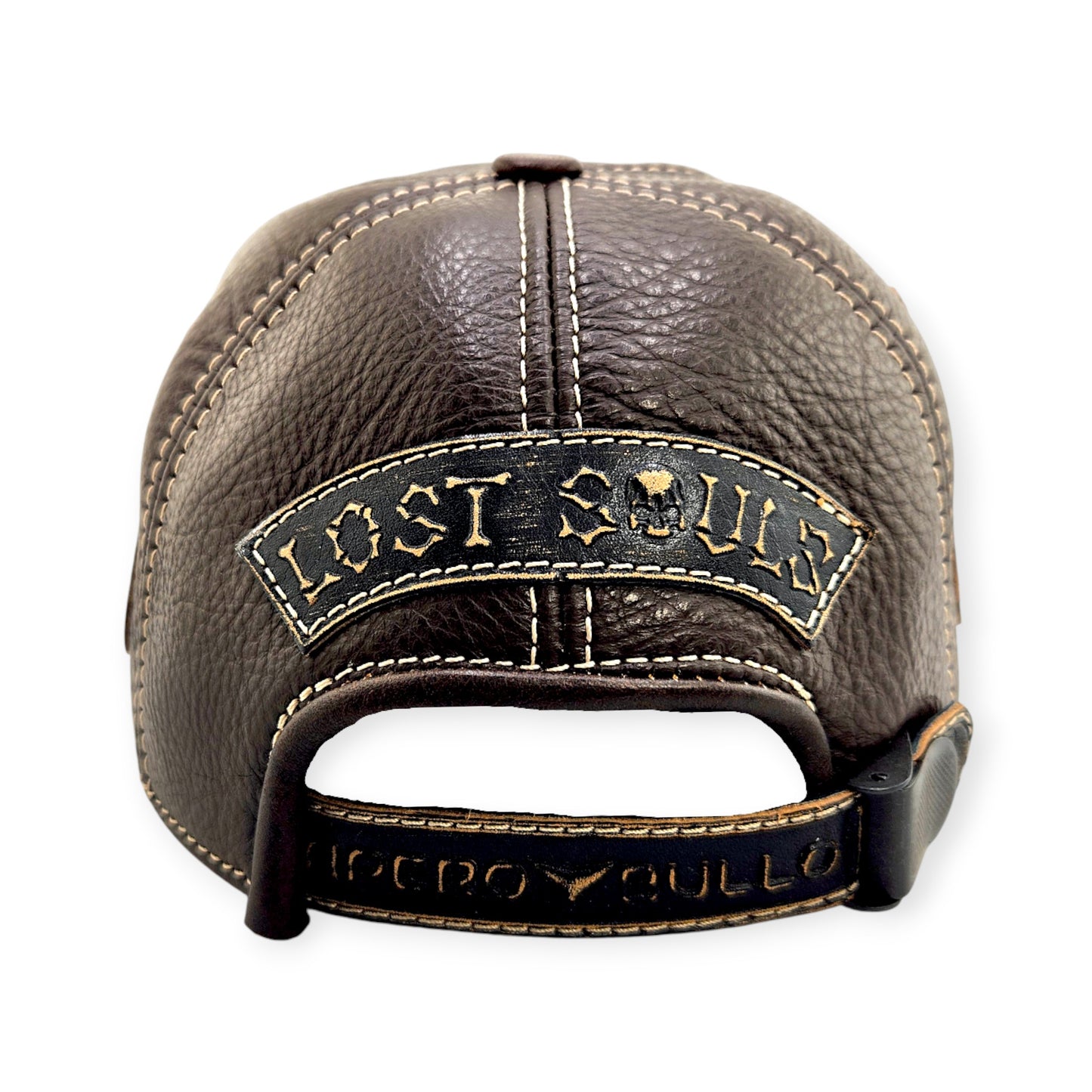 Leather Biker Hat: Handmade Brown Motorcycle Cap for Men with Flaming Skull Patch, Distressed Vintage Design | Apero Bullo