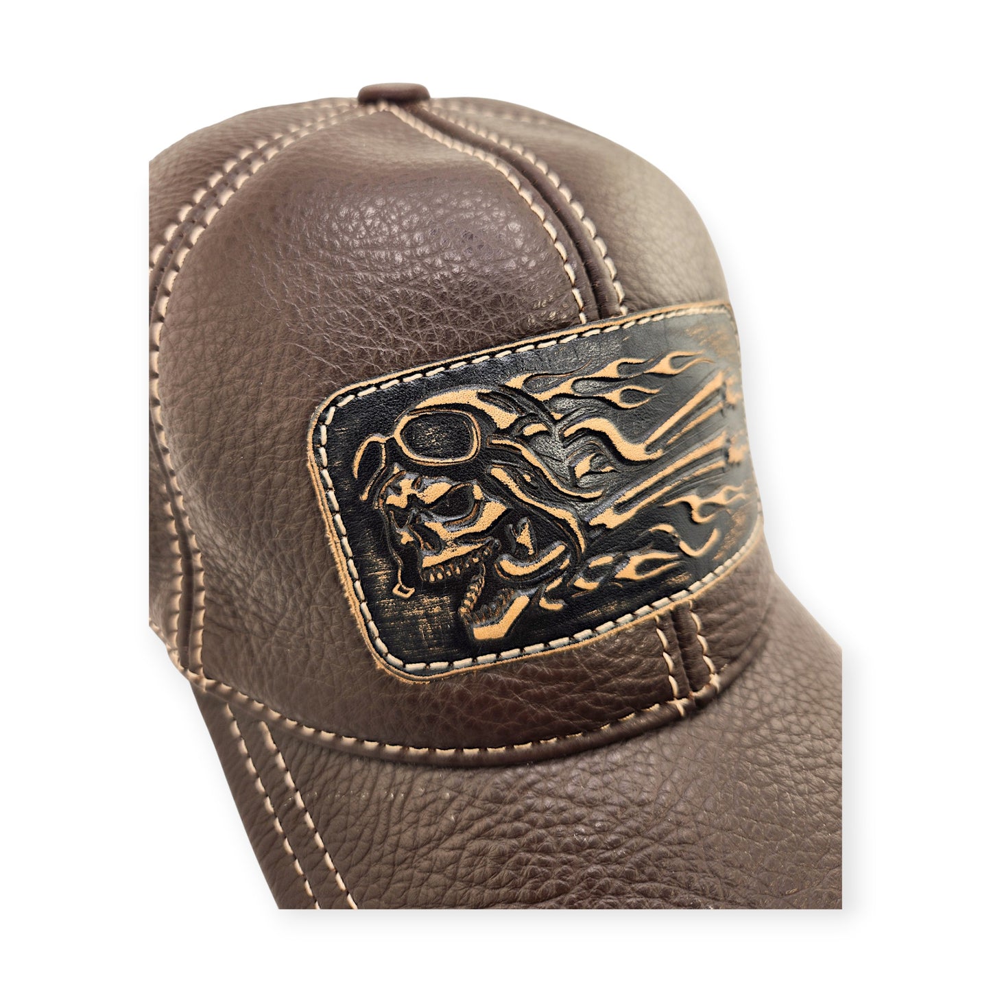 Leather Biker Hat: Handmade Brown Motorcycle Cap for Men with Flaming Skull Patch, Distressed Vintage Design | Apero Bullo