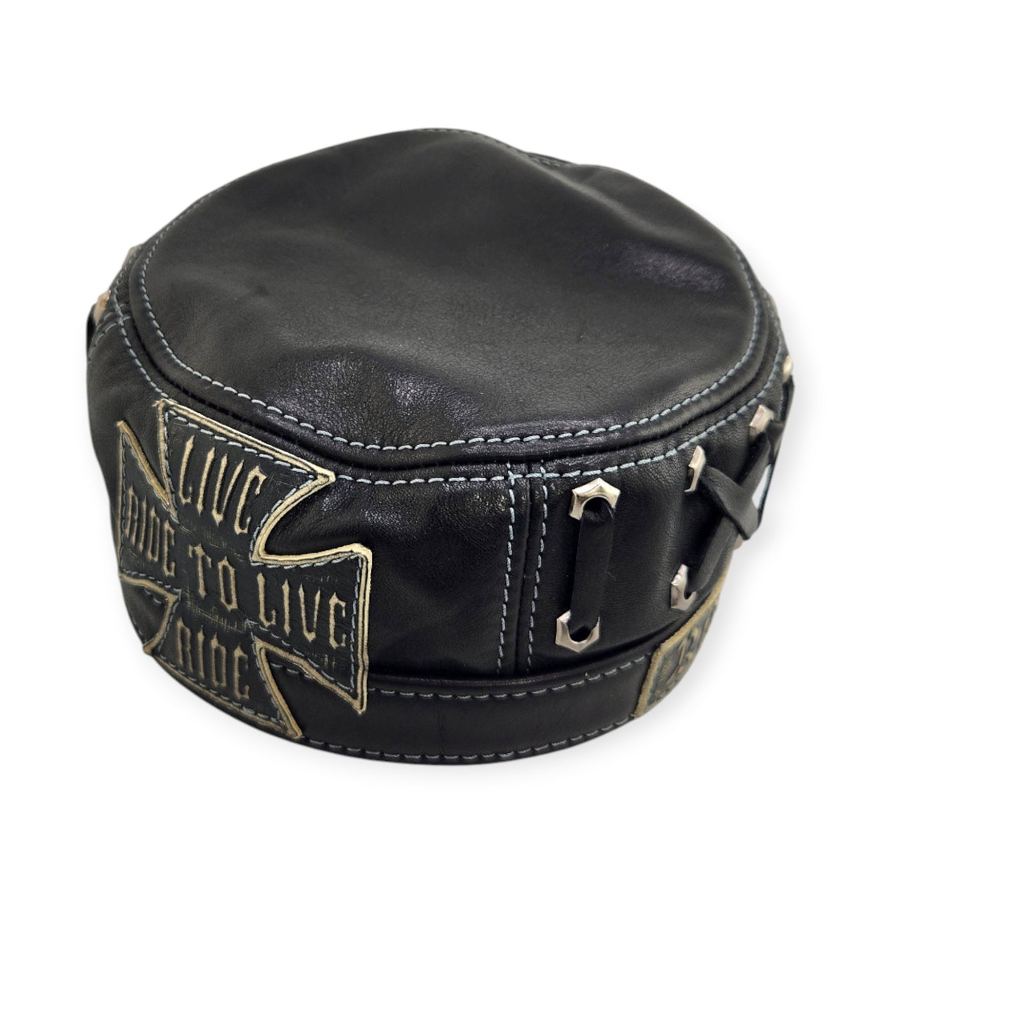 Leather Biker Hat: Handmade Black Motorcycle Cap with “Live to Ride, Ride to Live” Patch & King of the Road Motto | Apero Bullo