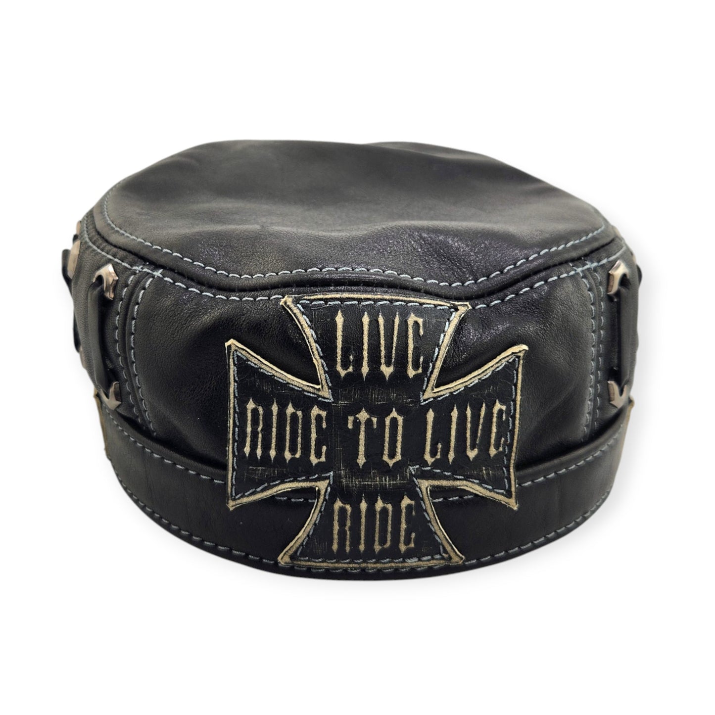 Leather Biker Hat: Handmade Black Motorcycle Cap with “Live to Ride, Ride to Live” Patch & King of the Road Motto | Apero Bullo