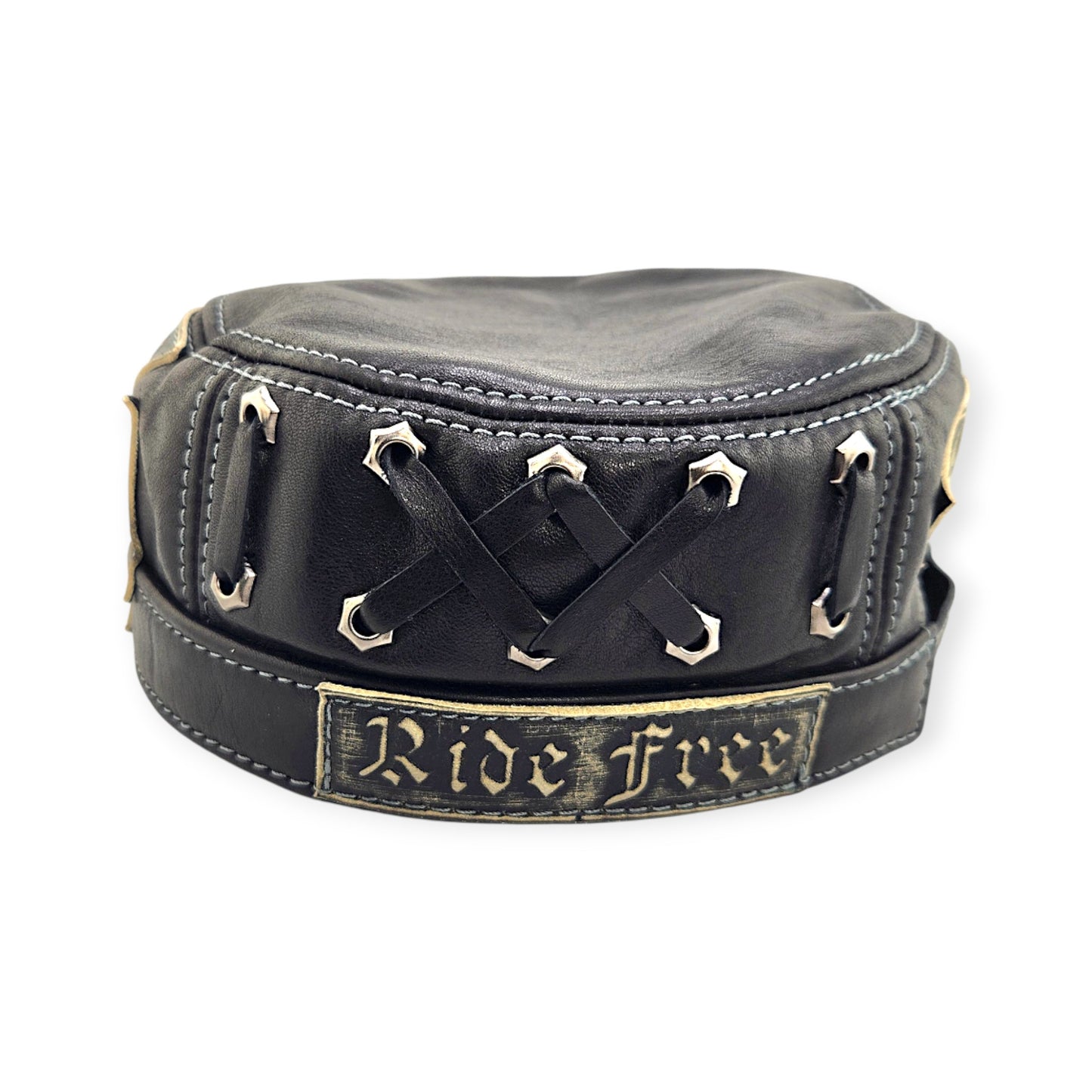 Leather Biker Hat: Handmade Black Motorcycle Cap with “Live to Ride, Ride to Live” Patch & King of the Road Motto | Apero Bullo